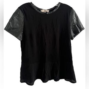 Ann Taylor The Loft black silky top with faux leather sleeves and trim medium